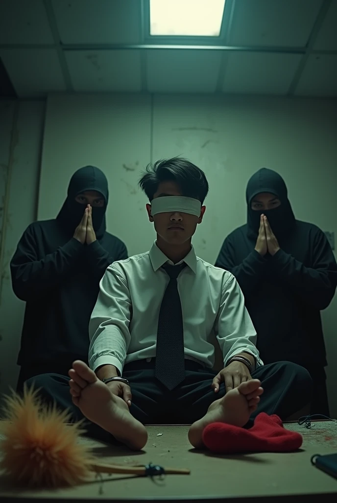Malaysia handsome malay 20 years lawyer
He faint
Smelly feet
His hand handcuff in abondon warehouse
Blindfolded
handcuff
Formal Outfit
Focus sweaty hot feet on desk
feather duster on desk
Dirty red long sock on desk
2 evil mafia pinch nose