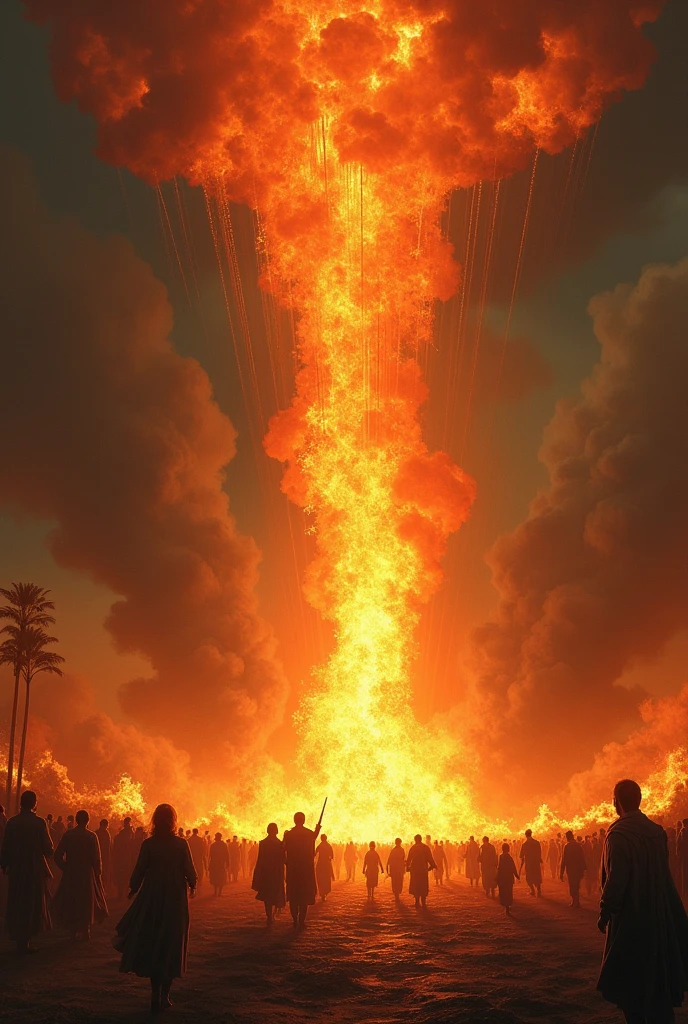 Fire descending on people
