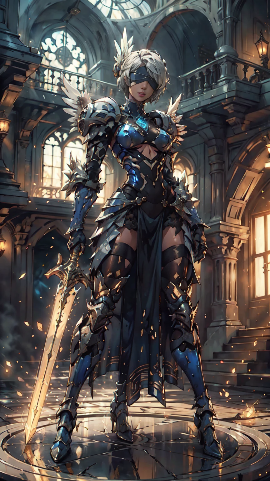 Make a 'kitbash' of Lenneth from 'Valkyrie profile' and 2B from 'Nier: Automata', combine 2B and Lenneth, solo, 1girl, BREAK: ((bright sapphire blue plate mech4rmor)), (boob window), thigh cutout, long skirt, (blindfold:1.27), wings, BREAK: standing contrapposto, (holding glowing spear), light smile, BREAK: plains, castle, BREAK: (better hands, best hands,) (insanely detailed, masterpiece, best quality)