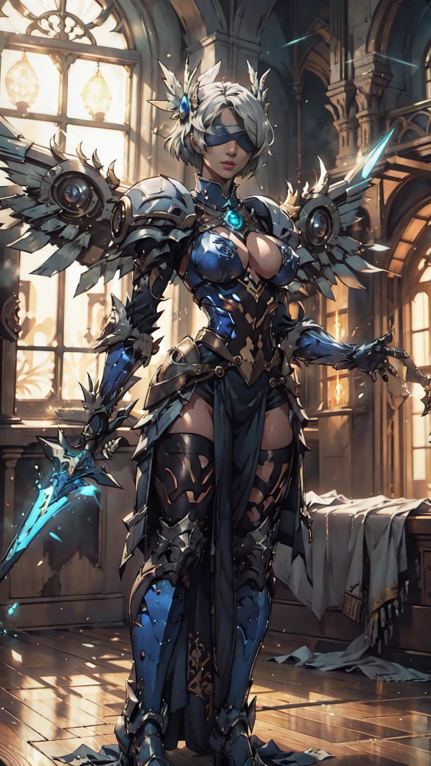 Make a 'kitbash' of Lenneth from 'Valkyrie profile' and 2B from 'Nier: Automata', combine 2B and Lenneth, solo, 1girl, BREAK: ((bright sapphire blue plate mech4rmor)), (boob window), thigh cutout, long skirt, (blindfold:1.27), wings, BREAK: standing contrapposto, (holding glowing spear), light smile, BREAK: plains, castle, BREAK: (better hands, best hands,) (insanely detailed, masterpiece, best quality)