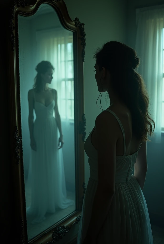 As Emily studies the shimmering reflection in the mirror, she suddenly sees a fleeting image of a full naked figure standing behind her. She turns around, but the room remains empty. When she looks back at the mirror, the image has changed to a scene from the past—Lady Eliza’s last moments in the manor. Emily must decipher what the vision means to find a clue about Lady Eliza’s fate.
