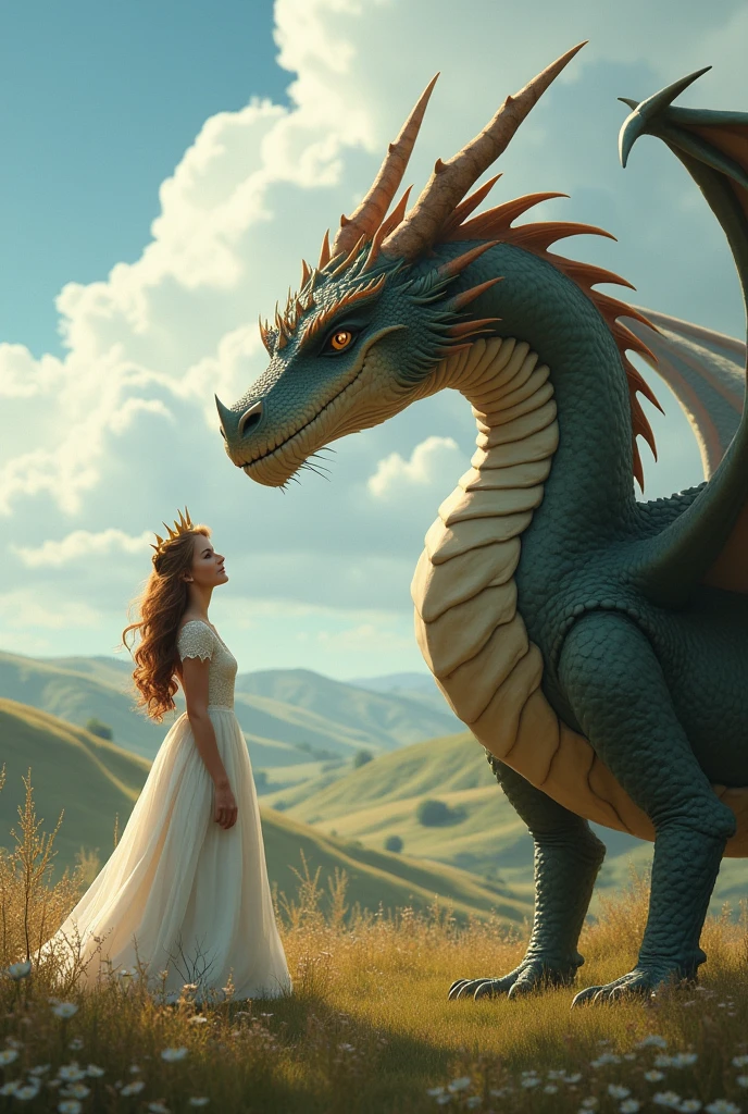 Create a landscape where there is a dragon and a princess with honey brown hair, that the dragon and the princess are friends, that it is more realistic and that the princess is an adult, that the princess has a crown, that they are further apart