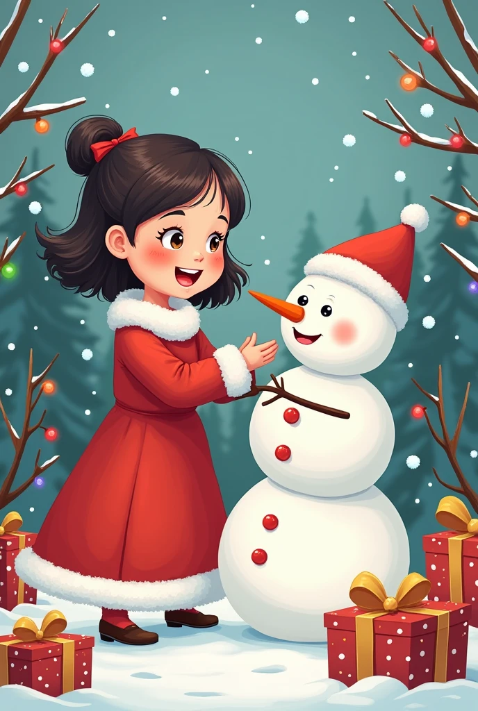 Happy girl in Christmas dress playing with cute funny snowman and Christmas gifts next to her drawn with simple line art and colorful high resolution cartoon illustration