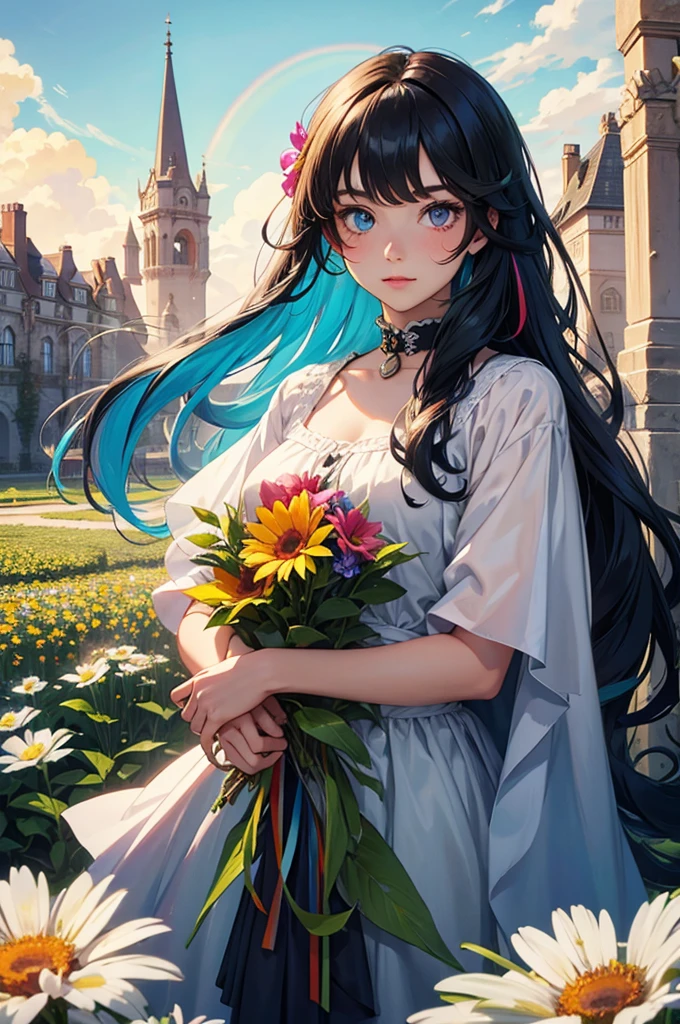 Long-haired rainbow-colored girl, heterochromia, upper body, flower field, big flower, fantasy, castle