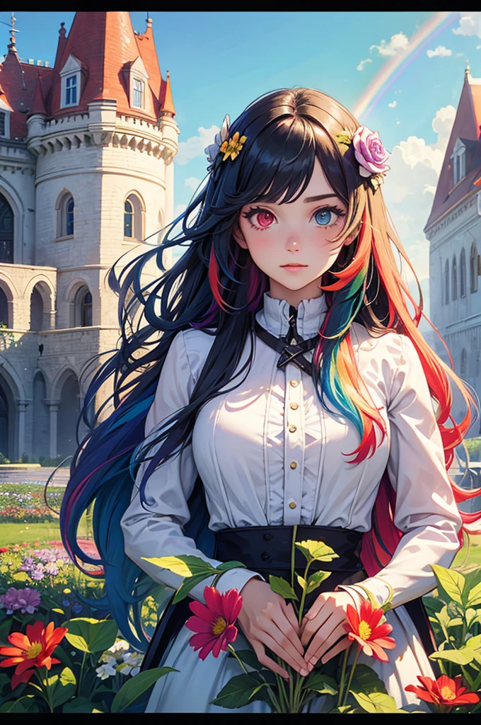 Long-haired rainbow-colored girl, heterochromia, upper body, flower field, big flower, fantasy, castle