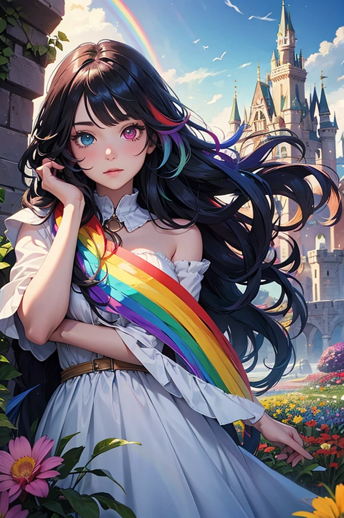 Long-haired rainbow-colored girl, heterochromia, upper body, flower field, big flower, fantasy, castle