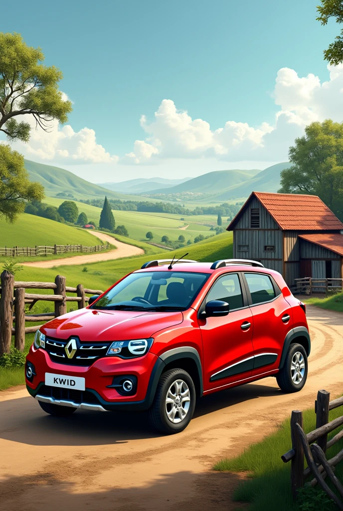 Red Renault Kwid on the farm