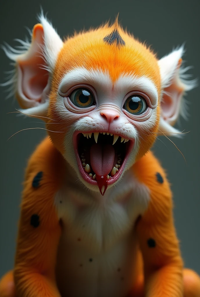 create a photo realistic character named The Moon Monkey, he is an adorable alien monkey with orange and white fur with black spots resembling moons patterns, he also has white eyes and sharp fangs dripping with blood