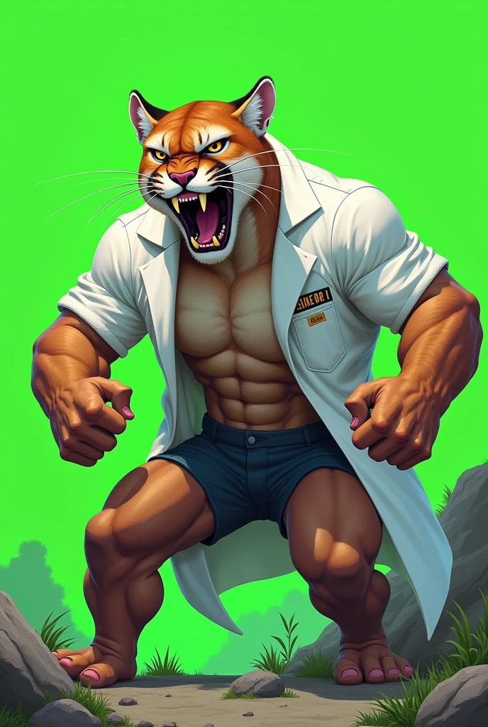 Unrealistic animation of angry and furious muscular cougar wearing a college athletics lab coat with a green background