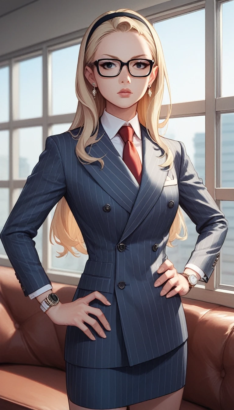 score_9, score_8_up, score_7_up, score_6_up, source_anime, double-breasted suits, 1girl, solo, blonde hair, long hair, swept back hair, hairband, glasses, formal, jewelry, suit, red necktie, earrings, jacket, shirt, standing, hand on hip, window, black eyes, watch, navy pinstripe jacket, wristwatch, light blue shirt with white collar, lips, skirt