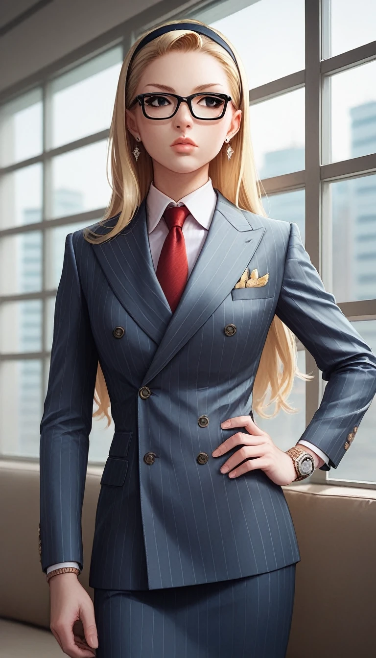 score_9, score_8_up, score_7_up, score_6_up, source_anime, double-breasted suits, 1girl, solo, blonde hair, long hair, swept back hair, hairband, glasses, formal, jewelry, suit, red necktie, earrings, jacket, shirt, standing, hand on hip, window, black eyes, watch, navy pinstripe jacket, wristwatch, light blue shirt with white collar, lips, skirt