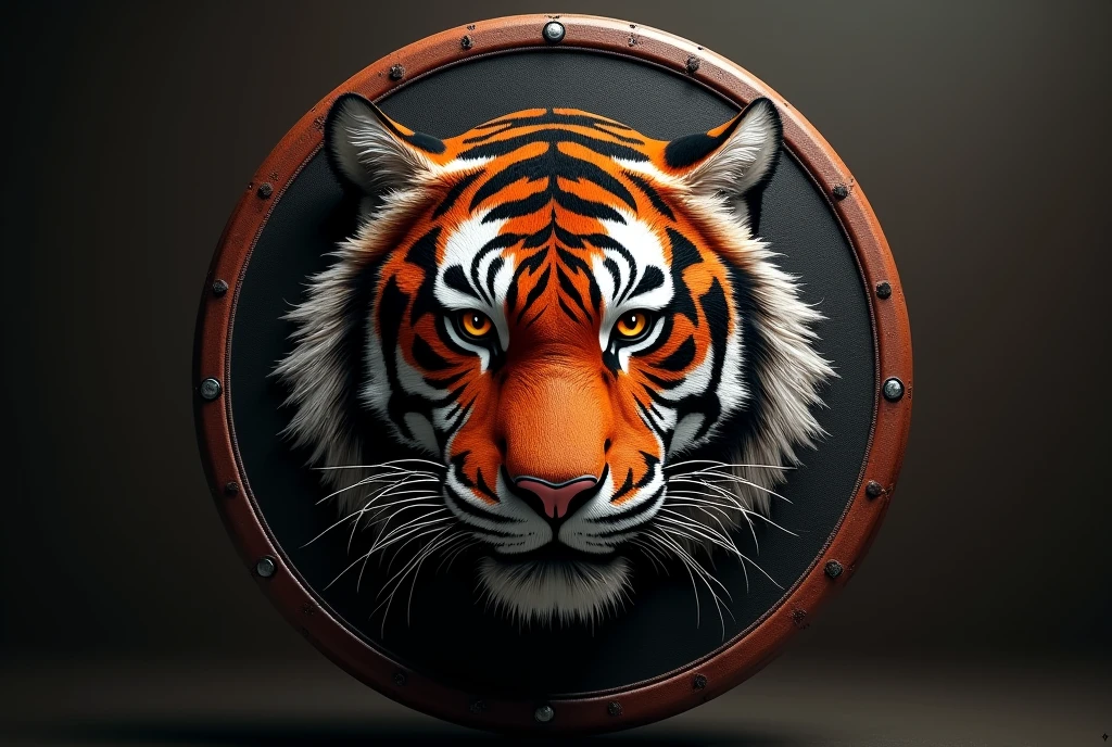 **Prompt:** A hyper-realistic karate shield featuring the face of a ferocious tiger, with piercing eyes, detailed coat and powerful expression, representing strength and agility. The tiger's face is centered on the shield. ao redor, the name "KARATE DO TIGRE" is written in robust letters and in Brazilian Portuguese, with karate font and elegant, evoking the essence of martial arts. The shield has a dark background with subtle textures, making the tiger and the text stand out brightly.