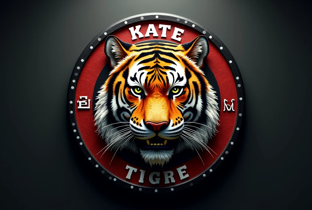 **Prompt:** A hyper-realistic karate shield featuring the face of a ferocious tiger, with piercing eyes, detailed coat and powerful expression, representing strength and agility. The tiger's face is centered on the shield. ao redor, the name "KARATE DO TIGRE" is written in robust letters and in Brazilian Portuguese, with karate font and elegant, evoking the essence of martial arts. The shield has a dark background with subtle textures, making the tiger and the text stand out brightly.