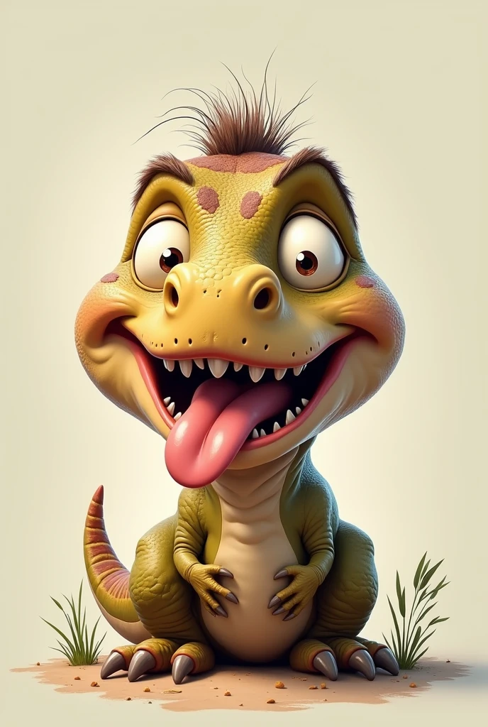 a dinosaur with a big tongue sticking out of its mouth and balding hair