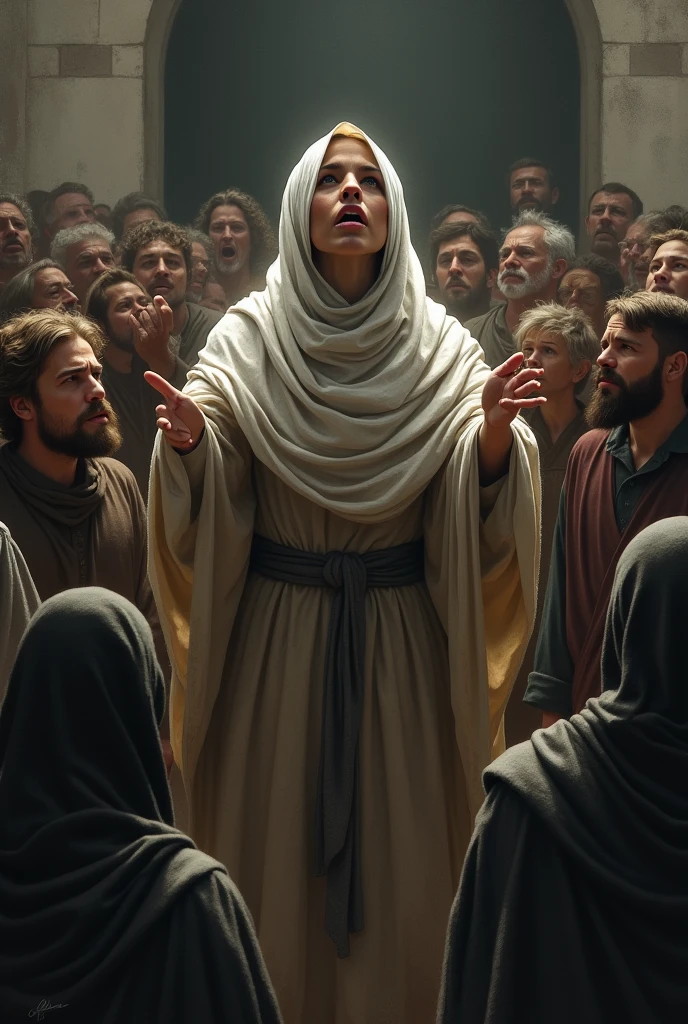 Draw me a picture of a woman preaching the word of God with her face covered to other people while being threatened with weapons