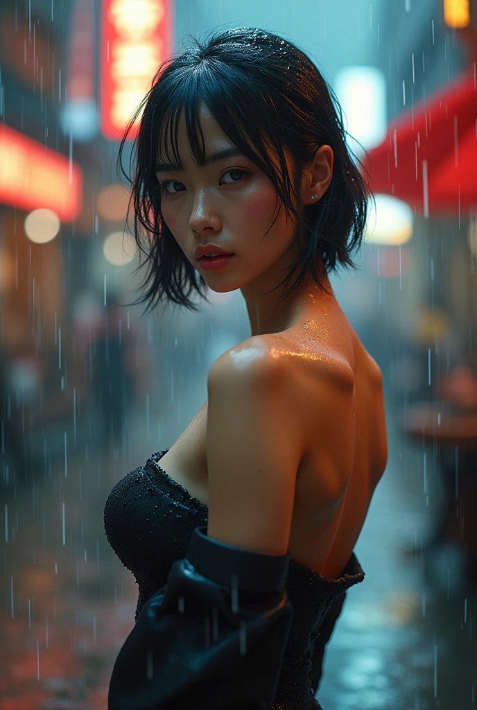 ((Best Quality, 8k, masterpiece:1.3)), focus:1.2, Perfect body beauty:1.4, buttocks:1.2, ((Layered haircut, old:1.2)), (wet clothes:1.1) , (rain, Street:1.3), strapless dress: 1.1, Very detailed face and skin texture., fine eyes, double eyelids, whitened skin, by the wide, (shut up: 1.3)