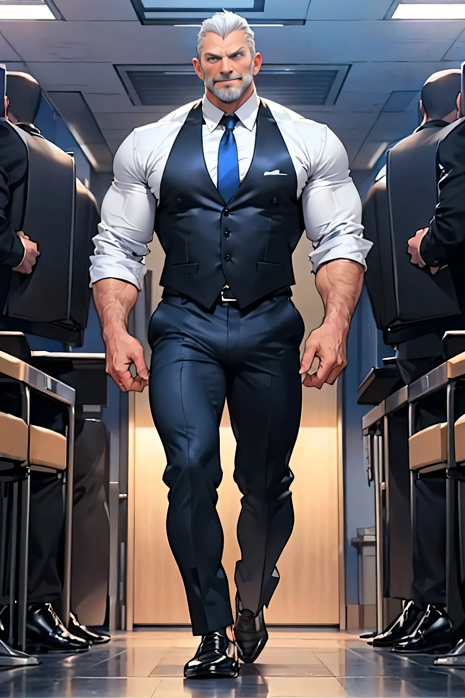 Geezer (aged 50), blue colored eyes, short white hair (combed back), masculine face (expression lines), malicious smile, muscled body (huge ass: 1.9), 가슴 (huge ass: 1.9), hairy body, huge ass bulge in the groin. He is in a press office (CIO Room), wearing a black suit, blue necktie, shoes black, black dress pants, pose sexy.