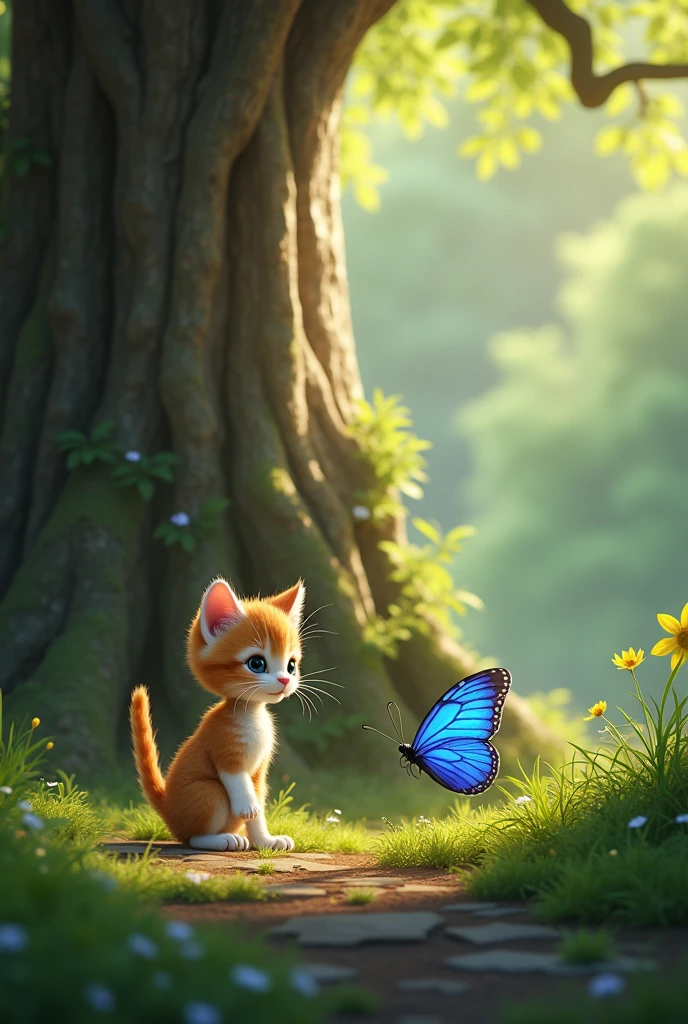 kitten nino found a very bright blue butterfly they passed through a small clearing with a very old tree