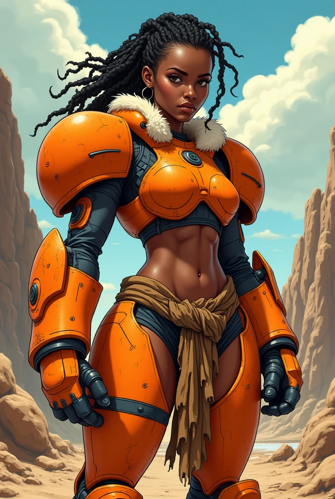 Brown skin huge breasts thick thighs shiny skin Manyuu Chifusa afro parted lips in jungle sunset in background food.