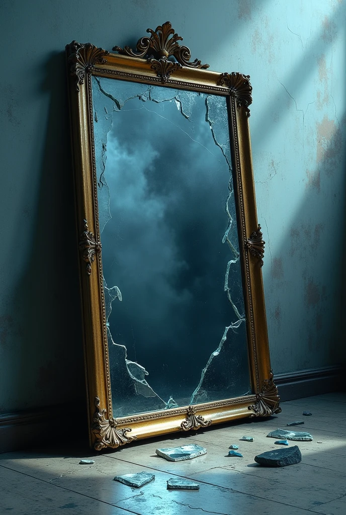 Image of a broken mirror:
- Image: A broken mirror in the foreground, with some fragments scattered around. The reflection in the mirror should be blurry and distorted, showing only fragments of an image.
- Color: Dominant blue and grey tones. The mirror could have a distressed gold frame to add a touch of mystery..
- Contrast: The blurry reflection in the mirror should contrast with the sharp edges of the broken fragments..
