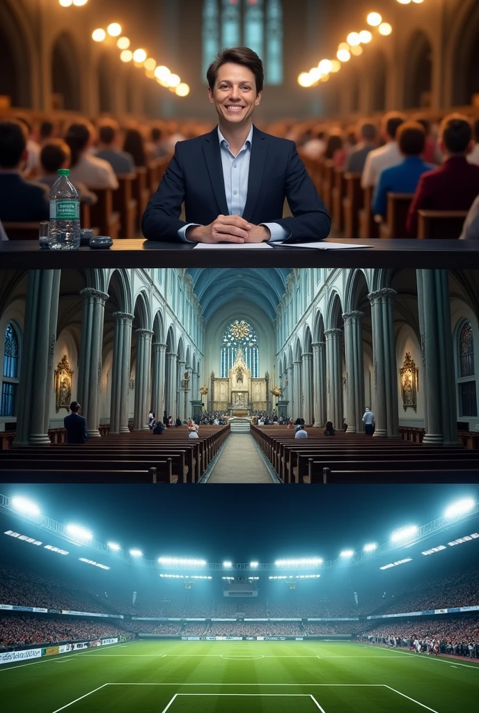 Indication : "A sequence showing a news anchor reporting, followed by live images of a religious Catholic mass and a community sporting event. The scenes are dynamic and engaging".