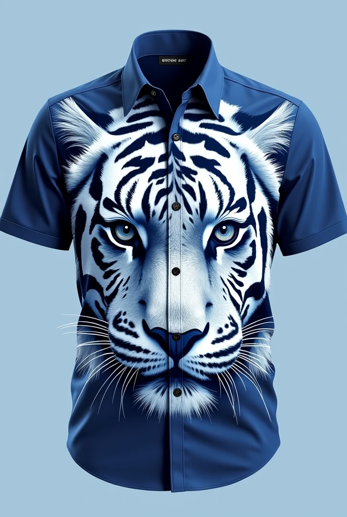 Create a simple blue and white shirt with a white tiger print