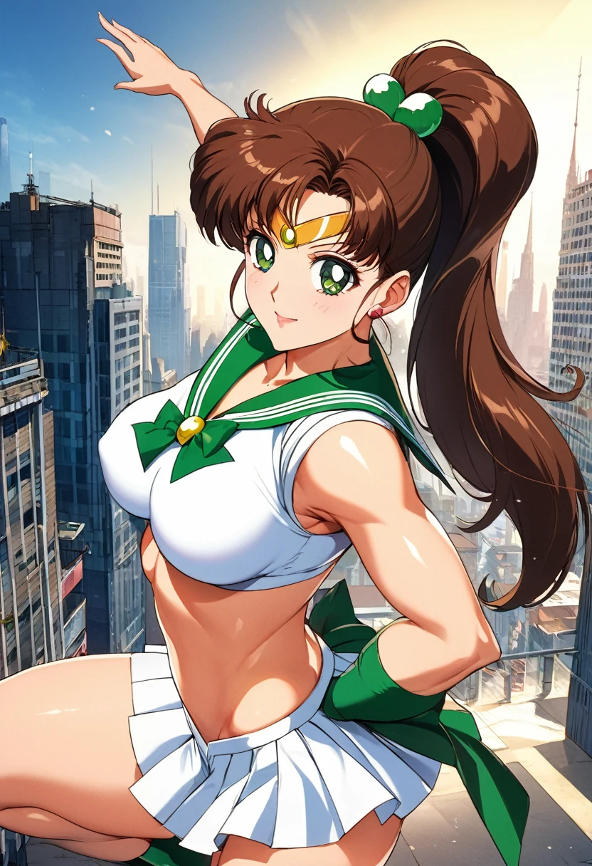 masterpiece, Highest quality, High resolution, ((Sailor Jupiter)),1990s \(style\),、(E-cup beautiful breasts)、tall、Beautiful big boobs、Muscular、sexy、Anime-style painting style,Brown Hair、ponytail、A composition that shows the whole body、Composition from the front、The background is the city、A dynamic pose