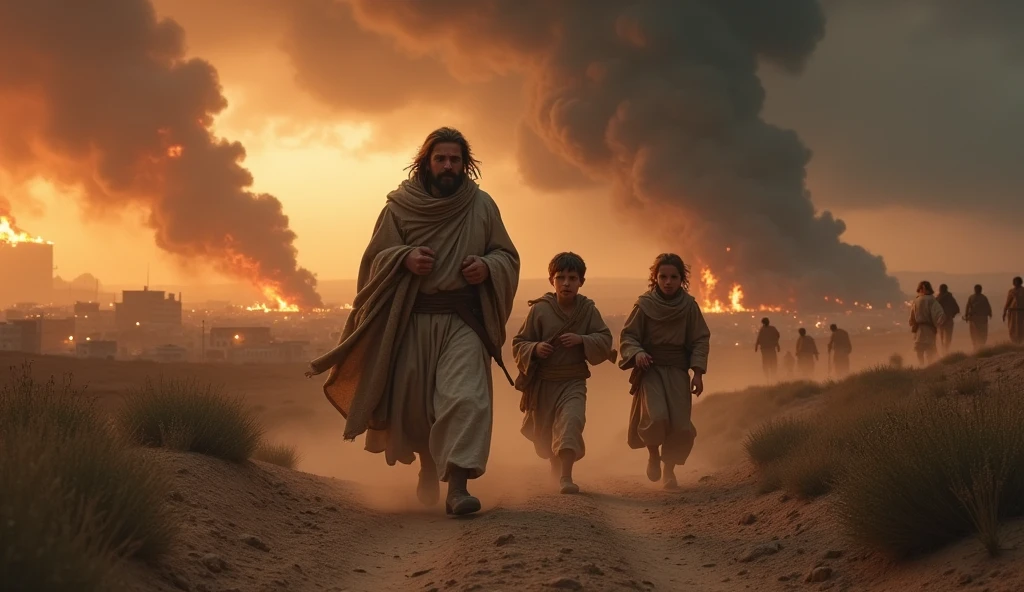 Lot and his family fleeing the city, with expressions of despair and hope. The background shows the city on fire, as dark clouds approach.