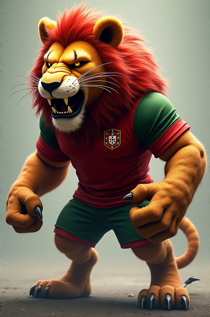 Image of a strong lion mascot full of resentment , thirsty for victory , a very strong lion indeed , dressed in the Portuguese Fc shirt