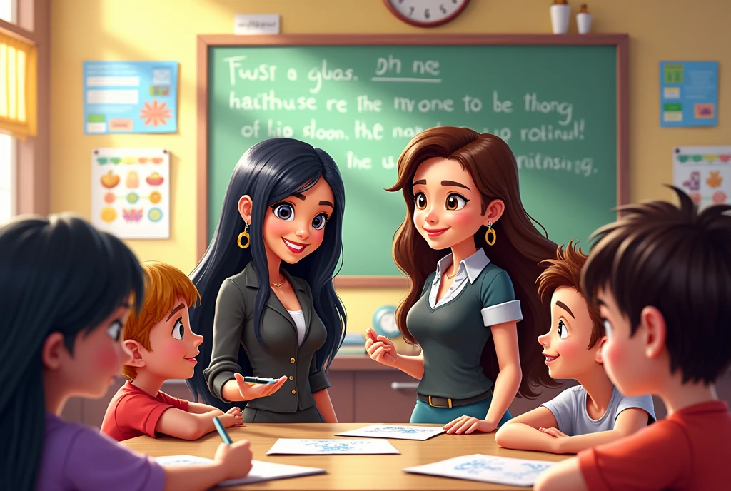 Horizontal format image of a black-haired female teacher and a brown-haired female teacher and various elementary school students . in a fun class in the descendants movie with cartoon design