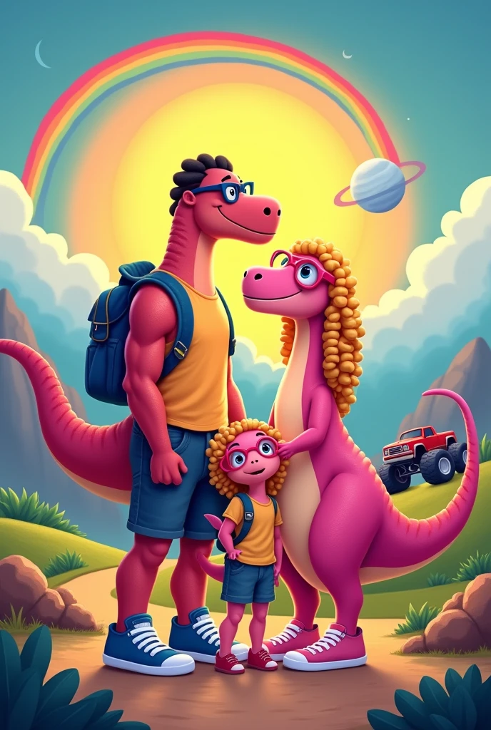 Tall muscular dinosaur father, Bblack hair, Wearing blue glasses, wearing sneakers, gray backpack. Tall beautiful pink dinosaur mother, long curly hair loira, Wearing Pink Glasses, turned legs, wearing sneakers, black backpack. Pink Dinosaur Daughter, Wearing Pink Glasses, long curly hair, wearing sneakers,  pink backpack. Bright orange sun in the sky, very beautiful rainbow, medium moon and Jupiter. Monster truck car behind and trail landscape.
In this image there are 3 dinosaurs in total.