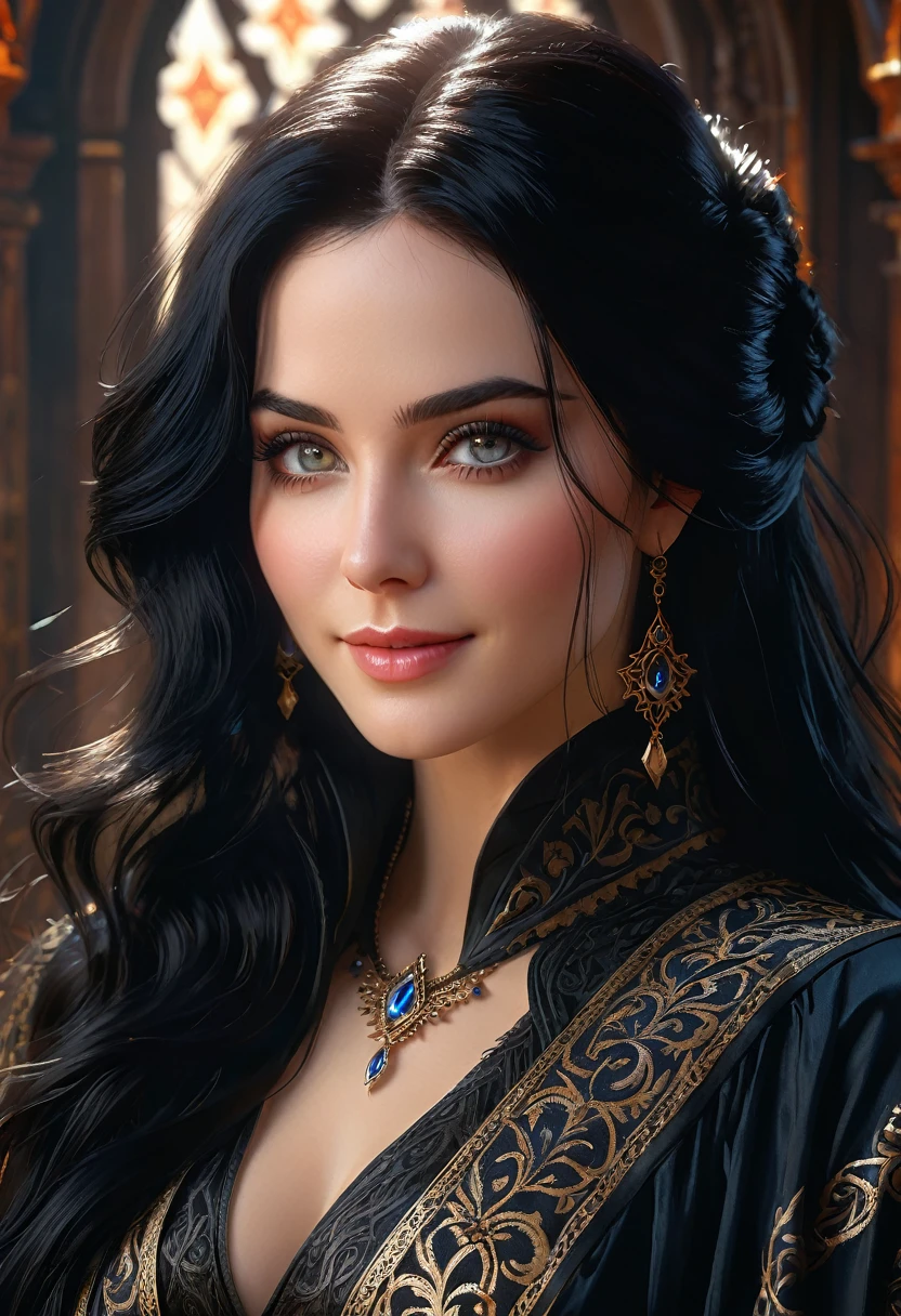 Yennefer of vengerberg, was a sorceress and King Vizimir II's advisor, oil painting portrait, art by Ana Bocek, Michael Komarck, andreas rocha, intricately detailed fluid gouache painting, sensual and alluring, in her 45 y.o., elaborated hairstyle, sorceress rich and lavish silk embroidered robe, stunningly beautiful, perfect eyes and long eyelashes, Procreate, flirty smile, depth of field, ray tracing, whimsical, detailed, highly detailed :: vibrant :::production cinematic character render :: ultra high quality model soft lighting :: mystical indirect light