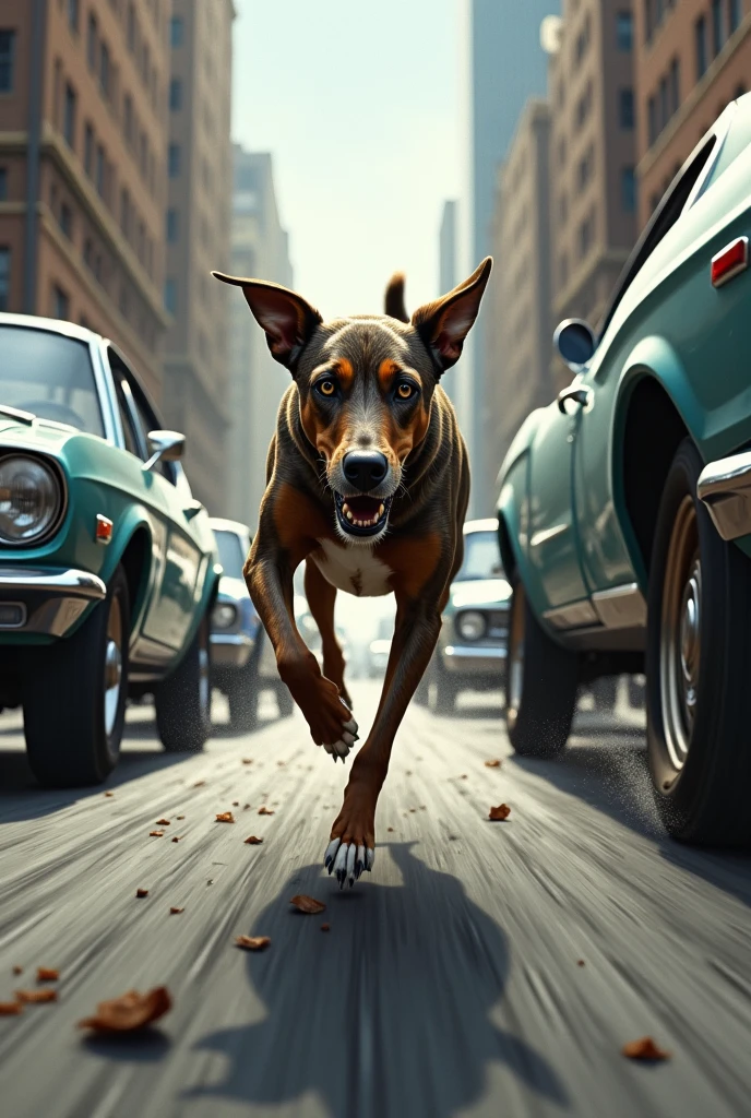 a drawing of a dog running between cars on the street