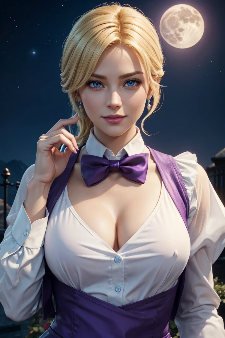 KOF,King of Fighters,King,woman,Blue Eyes,Blonde Hair,Medium Hair,White long shirt,Purple vest,A bow tie,Beautiful white skin,Photorealistic,Ultra HD,high quality,masterpiece,Digital SLR,Detailed details,Intricate details,Anatomical basis,Depicted in detail,A detailed face,Realistic skin texture,Vivid details,Perfect Anatomy,Perfect Anatomy,Anatomically correct hand,Anatomically correct fingers,Super Detail,Complex 3D rendering,Sexy pose,Fantasy worldview,Beautiful Full Moon,,Beautiful night sky,Purple rose petals fluttering,Picturesque,Pink Lips,smile,