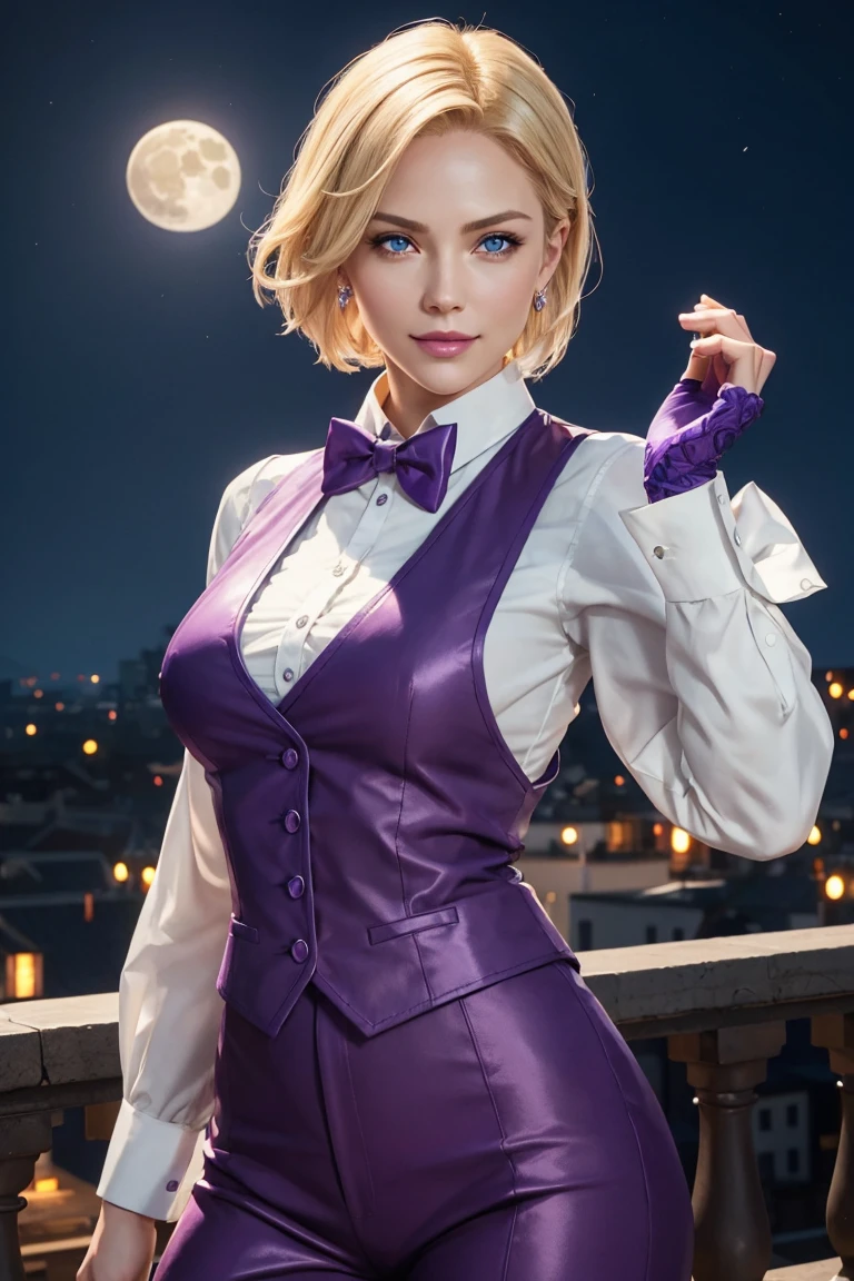 KOF,King of Fighters,King,woman,Blue Eyes,Blonde Hair,Medium Hair,White long shirt,Purple vest,A bow tie,Beautiful white skin,Photorealistic,Ultra HD,high quality,masterpiece,Digital SLR,Detailed details,Intricate details,Anatomical basis,Depicted in detail,A detailed face,Realistic skin texture,Vivid details,Perfect Anatomy,Perfect Anatomy,Anatomically correct hand,Anatomically correct fingers,Super Detail,Complex 3D rendering,Sexy pose,Fantasy worldview,Beautiful Full Moon,,Beautiful night sky,Purple rose petals fluttering,Picturesque,Pink Lips,smile,