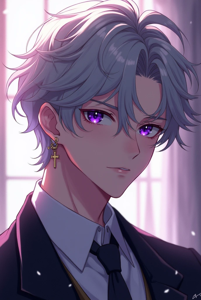 Anime, handsome youth, curly silver hair, mesmerising amethyst eyes, male idol, left ear piercing in form of a cross, noble bearing
