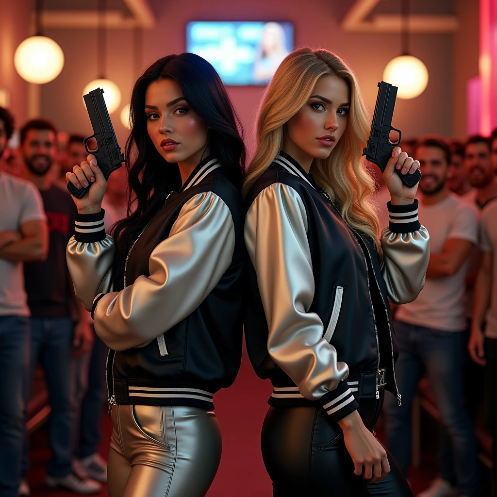 wide depth of field, wide depth of focus, f/11 lens setting, all objects in focus, full color image, 2 laughing women standing back to back, posing with pistol held strait up by face, looking at camera ,large fraternity house game room, full body image, (two tone silver and black satin bomber jackets with white trim, shiny satin pants), women posing with a pistol held up by face, long flowing hair (one raven haired, one blonde) , confidant smile, pure form, intricate details, 8K post-production, high resolution, super detailed, Popular topics on Artstation,, Studio photos, intricate details, Very detailed, she stands in the middle of the room and she is surrounded by a large (all male) group of cheering young men wearing jeans and t-shirts who are all standing behind the women and looking at the women