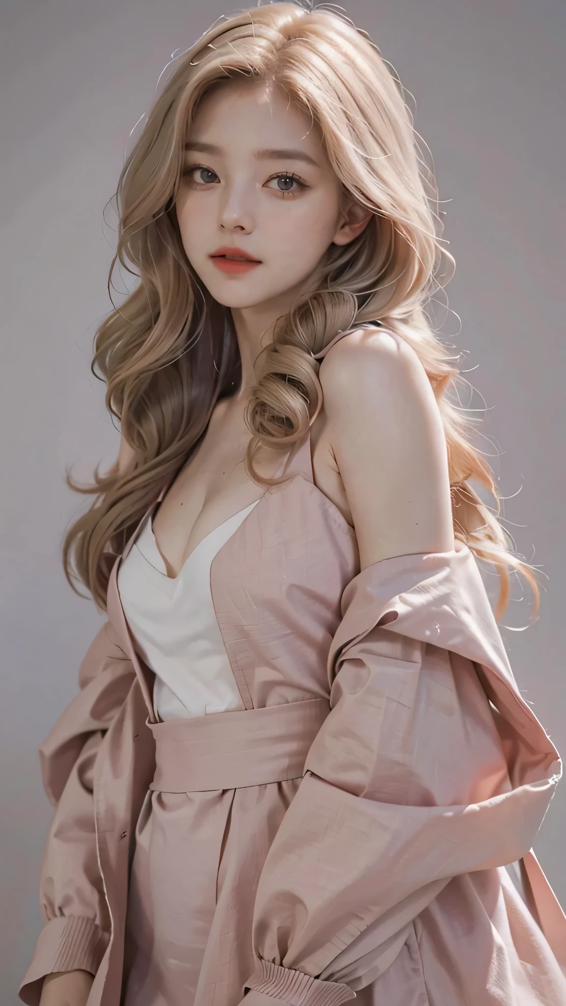 Girl wearing, luxury pink coat, shoulder length hair, wavy hair, glowing skin, star in eye, red lips, grey background, cute poses , upper body, light blonde hair .