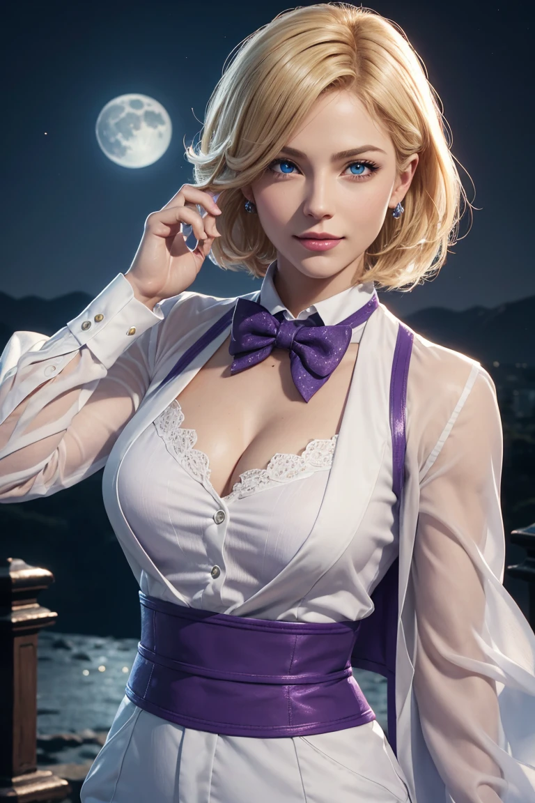 KOF,King of Fighters,King,woman,Blue Eyes,Blonde Hair,Medium Hair,White long shirt,Purple vest,A bow tie,Beautiful white skin,Photorealistic,Ultra HD,high quality,masterpiece,Digital SLR,Detailed details,Intricate details,Anatomical basis,Depicted in detail,A detailed face,Realistic skin texture,Vivid details,Perfect Anatomy,Perfect Anatomy,Anatomically correct hand,Anatomically correct fingers,Super Detail,Complex 3D rendering,Sexy pose,Fantasy worldview,Beautiful Full Moon,,Beautiful night sky,Purple rose petals fluttering,Picturesque,Pink Lips,smile,