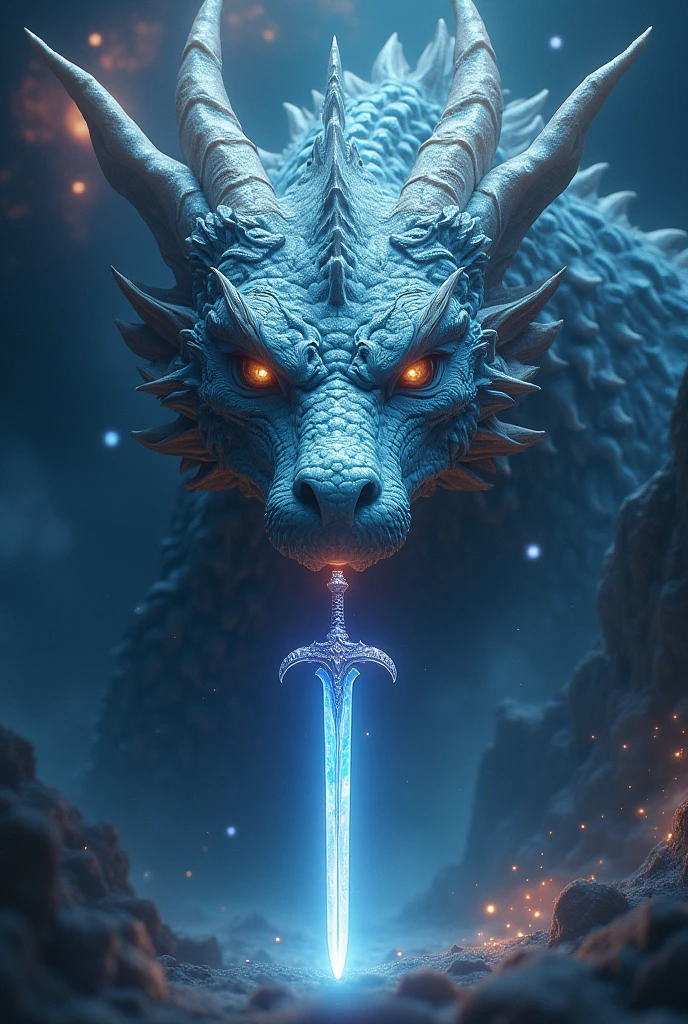 Floating Sword infront of one feminine dragon face which emits an aura of power with a galaxy as the background 