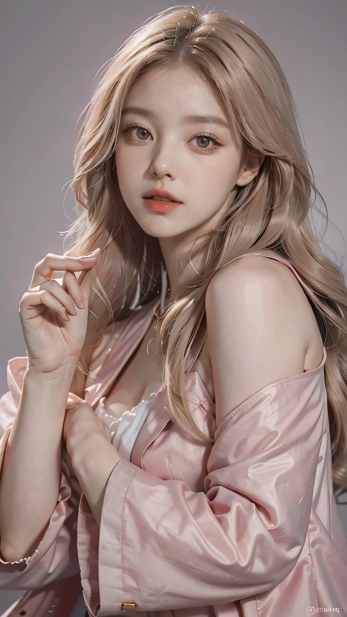 Girl wearing, luxury pink coat, shoulder length hair, wavy hair, glowing skin, star in eye, red lips, grey background, cute poses , upper body, light blonde hair .