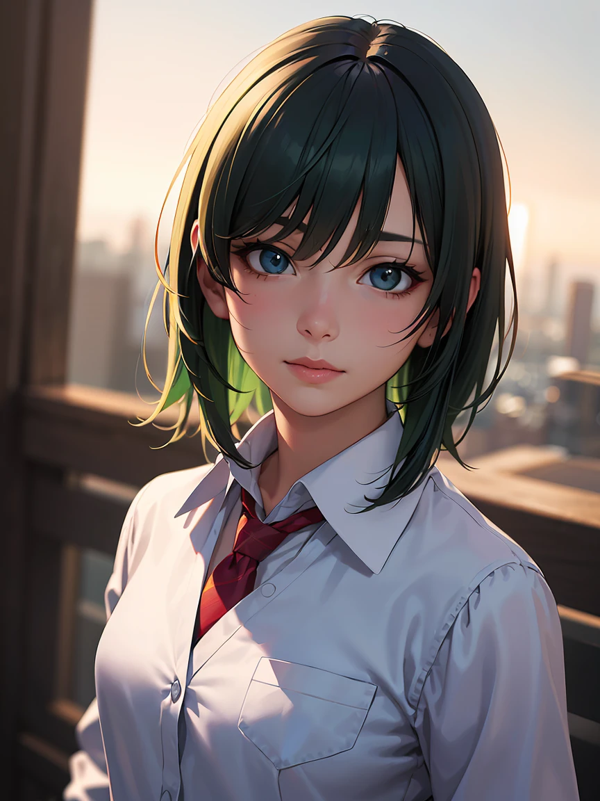 A beautiful anime girl with green hair, a white shirt, and a red tie, inspired by the artist Rei Kamoi, 2 girls, pixiv style, wearing a lab coat, highly detailed, photorealistic, cinematic lighting, vibrant colors, masterpiece, (best quality,4k,8k,highres,masterpiece:1.2),ultra-detailed,(realistic,photorealistic,photo-realistic:1.37),portrait,anime,digital painting,intricate details,sharp focus,physically-based rendering,professional,vivid colors,bokeh