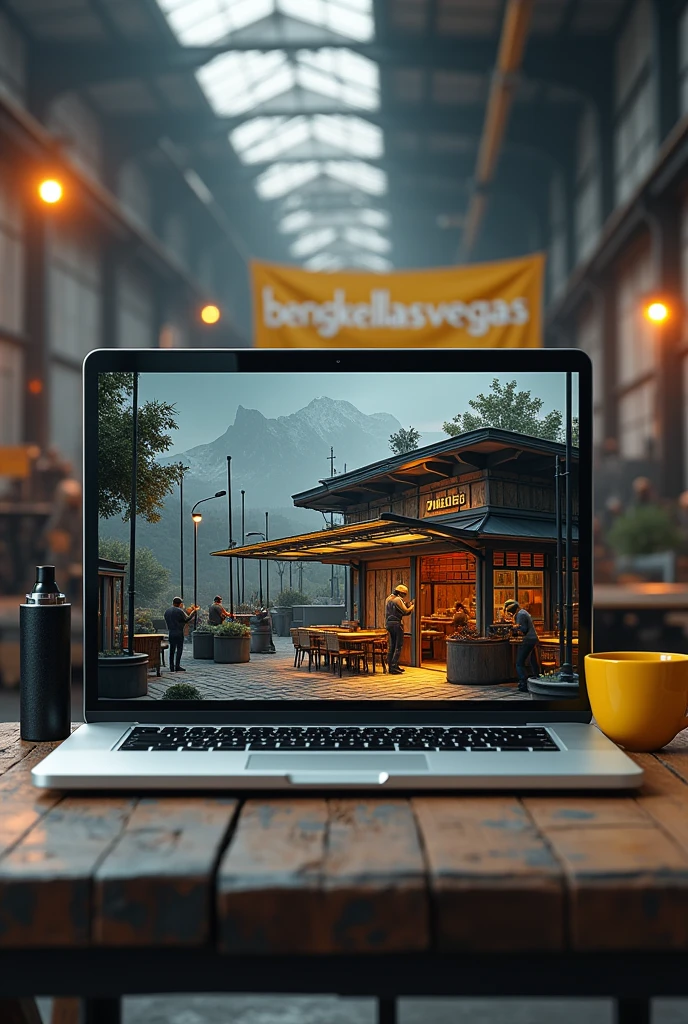 Laptop screen shot showing 3d design of iron frame cafe. Beside the laptop is a black vape the size of a finger and a yellow coffee cup.. Behind the laptop there are several welders welding iron fences and canopies in a large warehouse with lots of iron poles., there is a banner that says bengkellasvegas