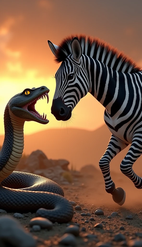 This is a digital image of a white-toothed zebra walking on rocky ground. And the snake is facing the right side of the picture with its mouth wide open, emitting sharp teeth and sharp claws. And its eyes are yellow. The background is a dark orange sky from sunset. The land is covered with rocks and boulders and there are some trees and mountains in the distance. The general feeling of the image is fierce and powerful.