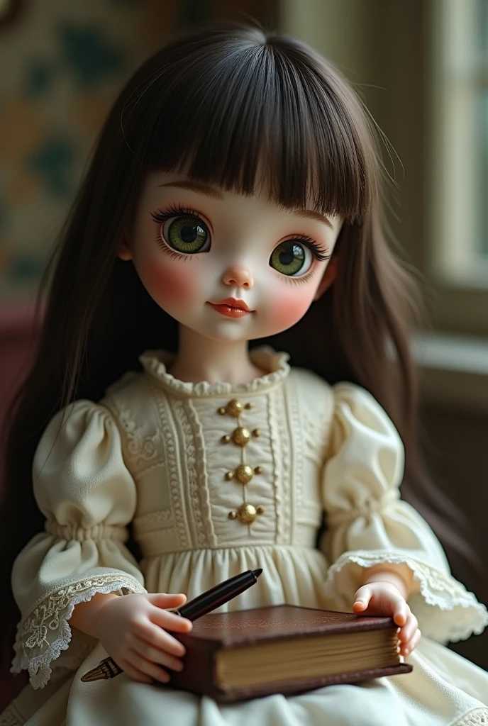 Doll with straight dark brown hair, just below the shoulder, franjão, big green eyes wearing vintage dress with bible and pen and beautiful smile