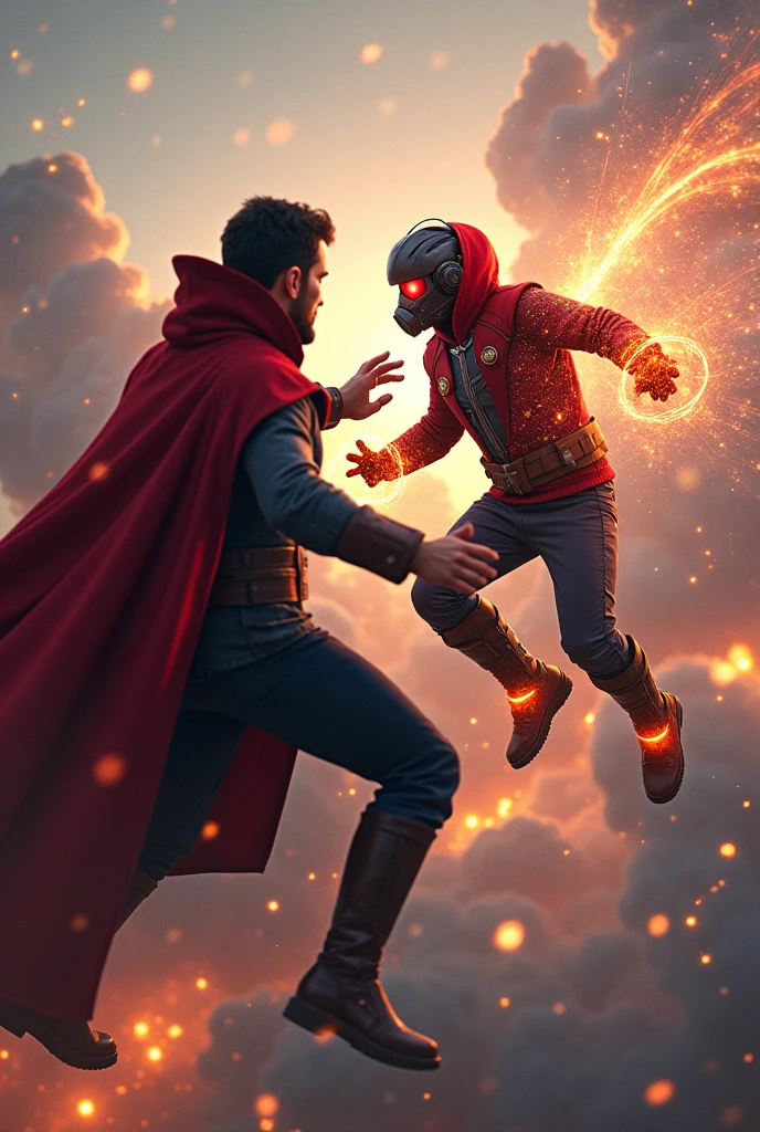 Young Star-lord with red hoodie, headphones, star-lord helmet, gas helmet, covered mouth, round red eyes, Red eyes, magic rings in the hands and rocket boots, Vs. Doctor strange , Fighting, power, fiction, full body, 2 person, magic lasso, hight, fall, fire in boots, poweful spells, fighting, realistic, helmet, mask, red cape, confrontation, punch, gun, flying in the sky