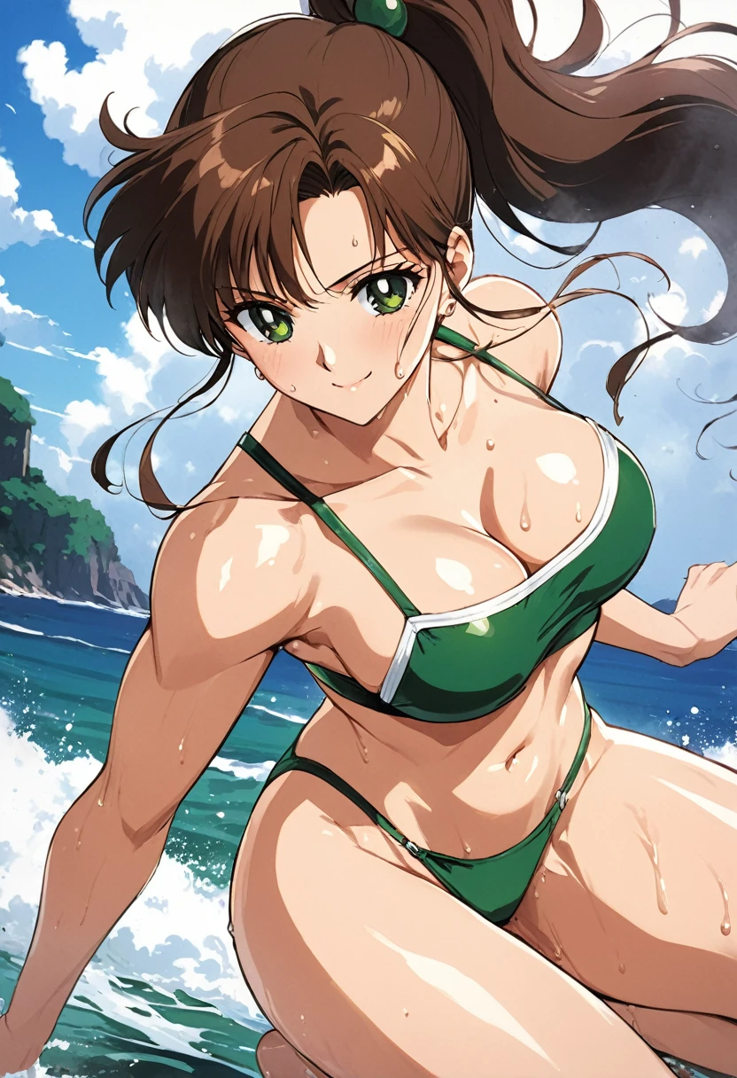 masterpiece, Highest quality, High resolution, (Makoto Kino),1990s \(style\),Green Swimsuit、Green Bikini,(E-cup beautiful breasts)、tall、Sweating all over the body、vapor、Muscular、sexy、Sweaty、Configuration from the front、An innocent smile、Anime-style painting style,Brown Hair、ponytail、A composition that shows the whole body、The background is the sea、A dynamic pose