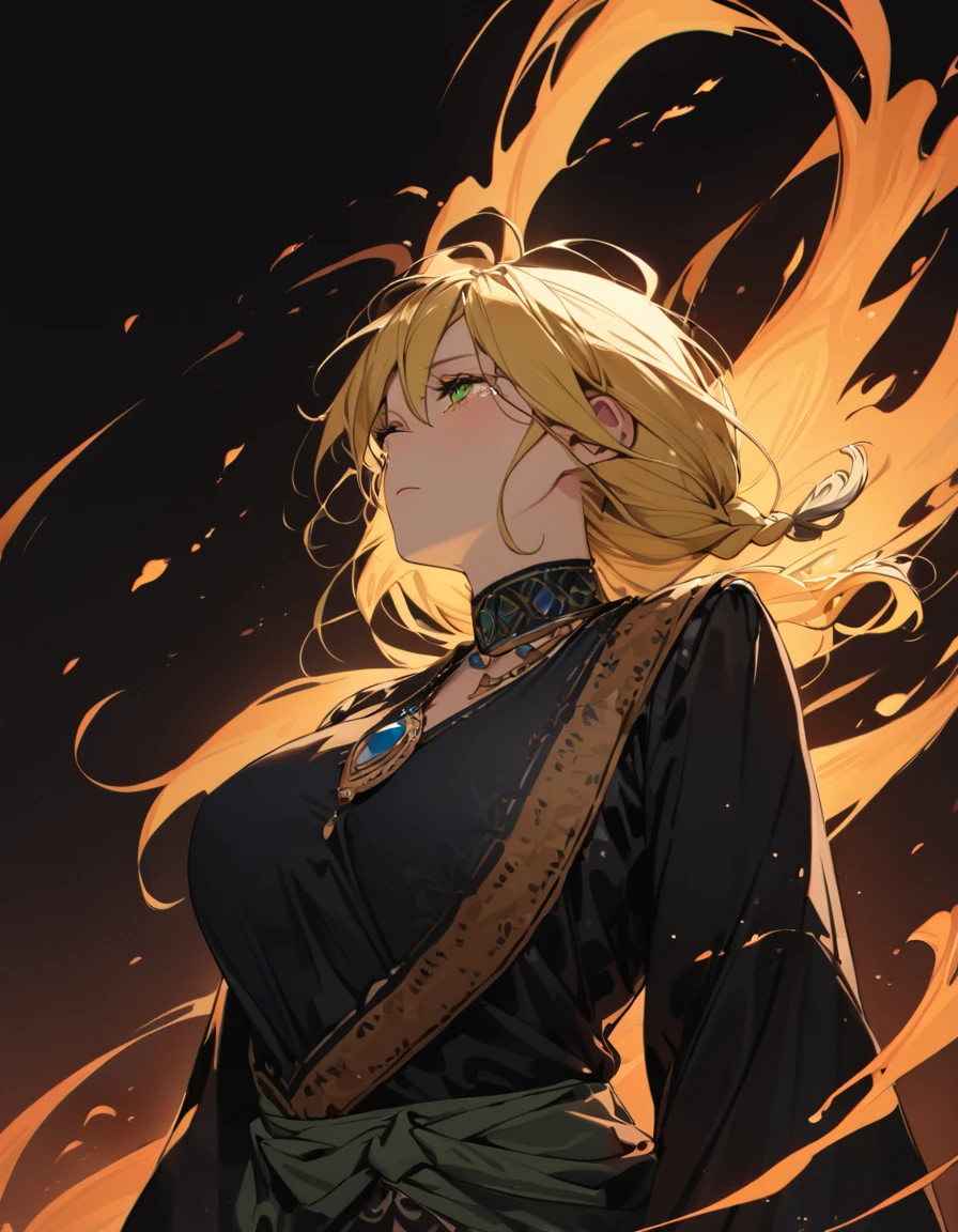 (masterpiece)、(absurdres)、(ultra detailed)、(8k),Anatomically correct,(solo woman:1.1,long yellow hair:1.1,hair between eyes,frech braid,big breast:0.9,BREAK,green eyes,(),little round sapphire pendant:0.9,(),black stripes indian costume:1.1,(),upperbody shot:1.2,looking away,looking up:1.1,half-closed eyes,Expressionless,tears,walking motion,Magical flames float around:1.2,simple darkness background,in the darkness:1.2,