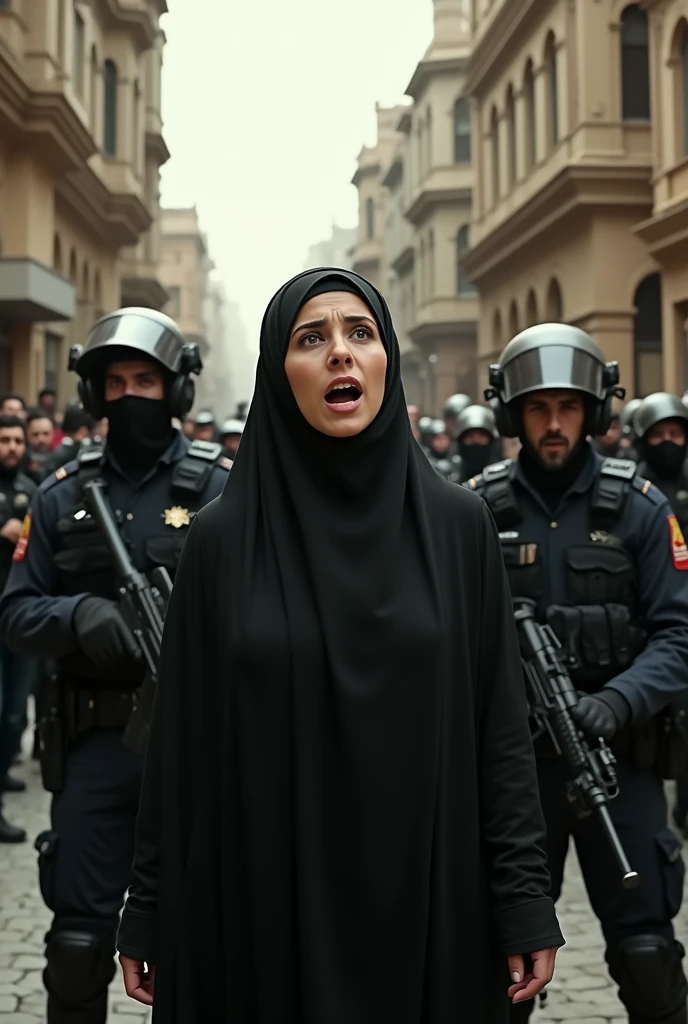 Draw me a picture of a woman preaching the word of God in Iran with her face covered from other people while being threatened by police guns