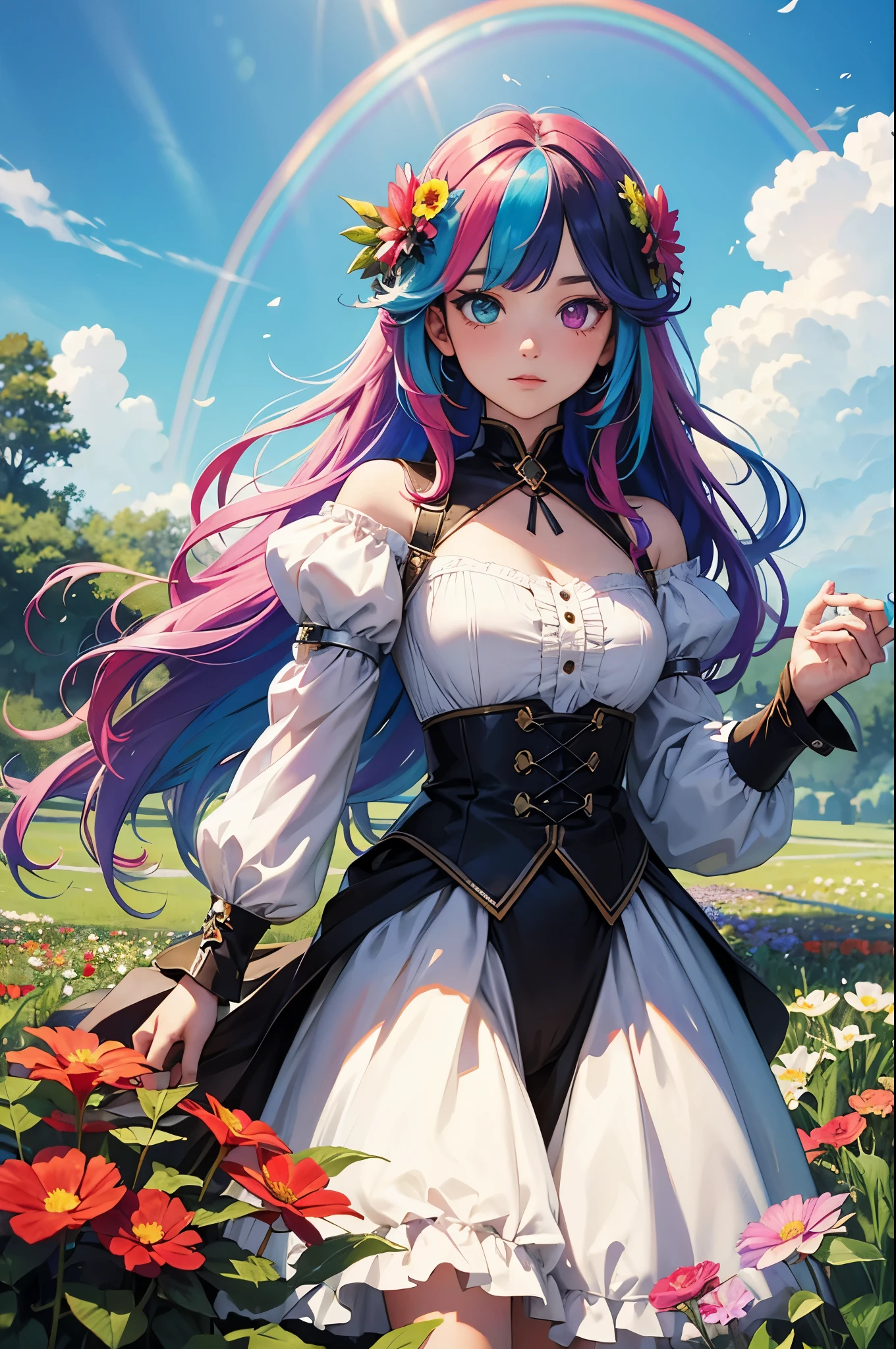 Long-haired rainbow-colored girl, heterochromia, upper body, flower field, big flower, fantasy, castle